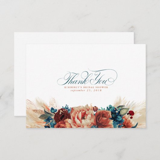 Terracotta Bleu Sarcelle Floral Boho Petit Merci (Devant / Derrière)