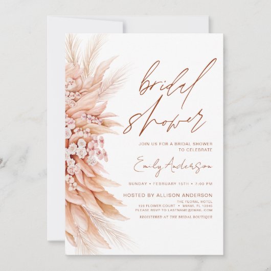 Terracotta Bloem Boho Pampas Gras Bruiloftsfeest Kaart (Voorkant)