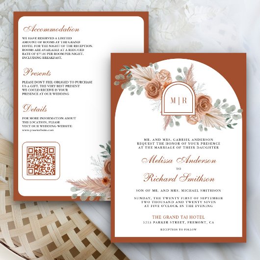 Terracotta Bloem Boho Pampas QR Code Bruiloft Kaart