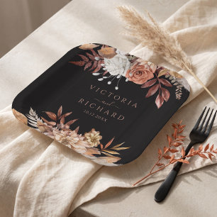 Terracotta Bloemen Boho Herfstloof Zwarte Bruiloft Papieren Bordje