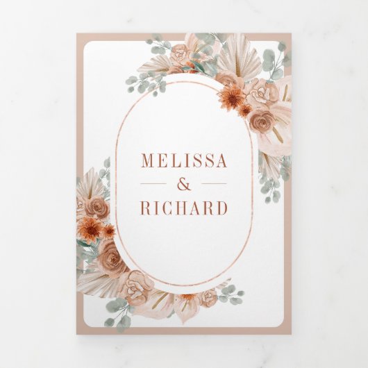 Terracotta Bloemen Boho Pampas QR Code Bruiloft Drieluik Uitnodiging (Cover)