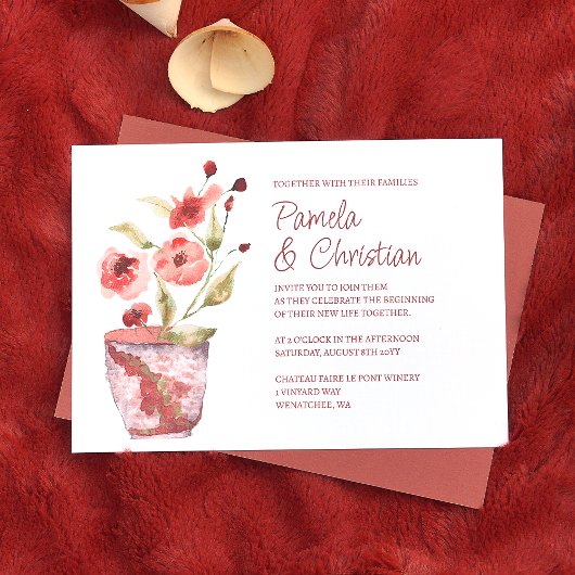 Terracotta bloemen, botanische klei pot bruiloft kaart