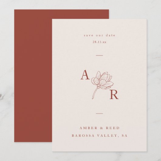 Terracotta bloemen minimalistisch monogram elegant save the date (Voorkant / Achterkant)