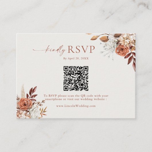 Terracotta Bloemen QR Code RSVP Bruiloft Informatiekaartje (Voorkant)