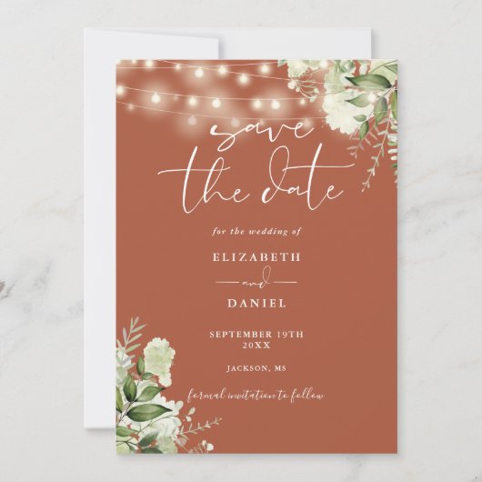 Terracotta Bloemen String Lights QR Code Bruiloft Save The Date (Voorkant)
