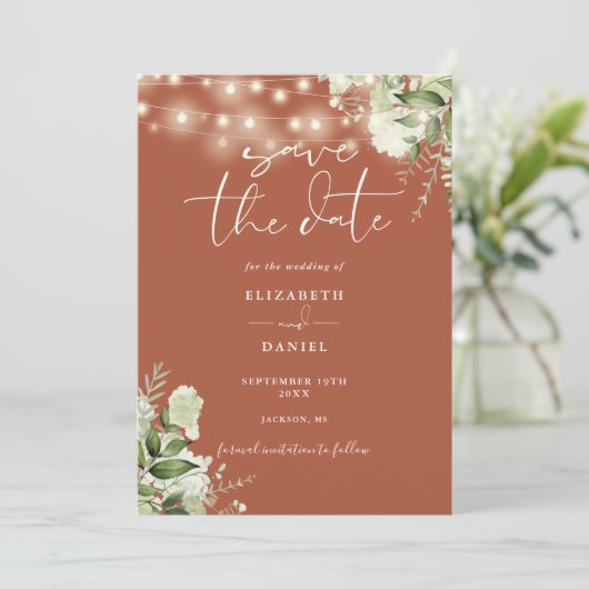 Terracotta Bloemen String Lights QR Code Bruiloft Save The Date (Staand voorkant)