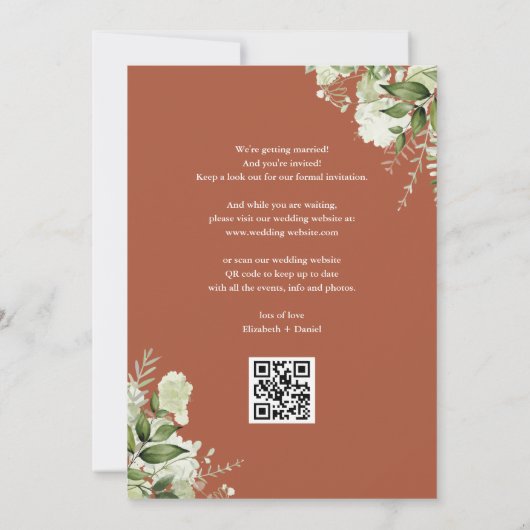 Terracotta Bloemen String Lights QR Code Bruiloft Save The Date (Achterkant)