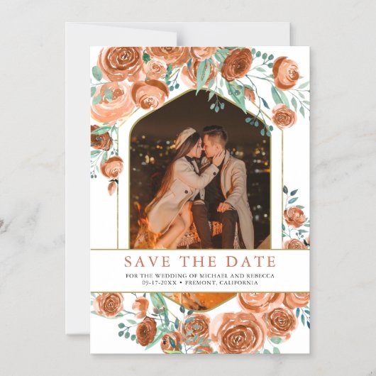 Terracotta Bloemen Trouwfoto Sla de datum op Magnetische Uitnodiging (Voorkant)