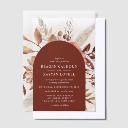 Terracotta Bloemenboog Pampas Grass Bruiloft Vellum Uitnodigingen (Offset)