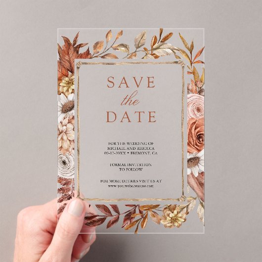 Terracotta Bloemenbruiloft Save the Date Acryl Uitnodigingen (Insitu (Draagbaar))
