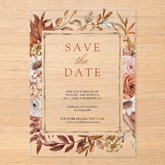 Terracotta Bloemenbruiloft Save the Date Acryl Uitnodigingen (Voorkant)