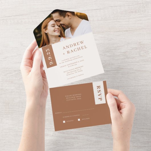 Terracotta blokkeert Spring Weddenfoto in één All In One Uitnodiging (Afscheurbaar)