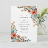 Terracotta Blue Painterly Flora Wedding Kaart (Staand voorkant)