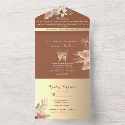 Terracotta Bohemian Pampas Grass Wedding All In One Uitnodiging (Binnen)