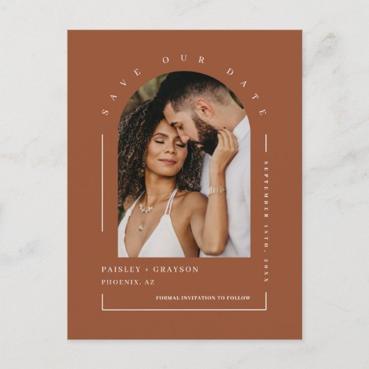 Terracotta Boho Arch Photo QR Code Save Our Date Briefkaart (Voorkant)