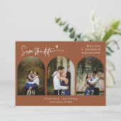 Terracotta Boho Arch Photo QR Code Save the Date Kaart (Staand voorkant)