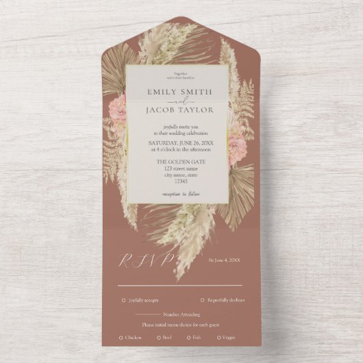 Terracotta Boho Bloemen bruiloft All In One Uitnodiging (Binnen)