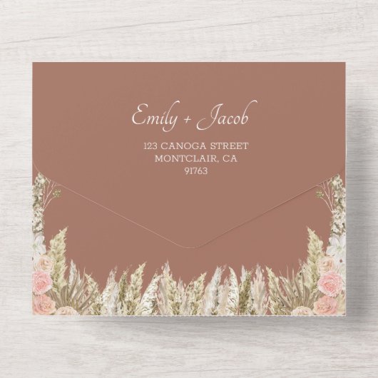 Terracotta Boho Bloemen bruiloft All In One Uitnodiging (Achterkant)