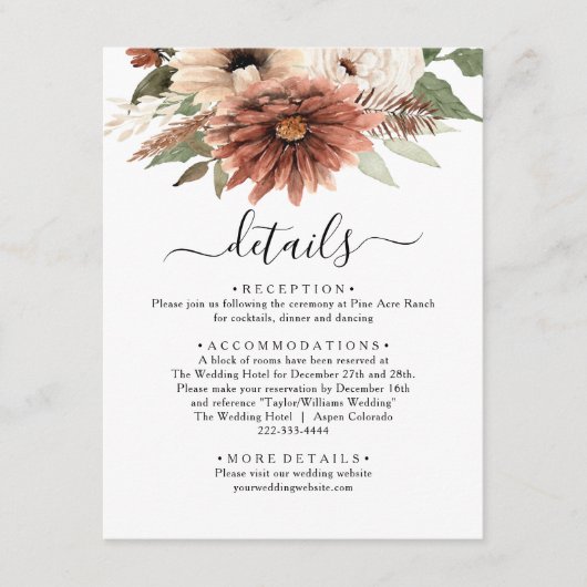 Terracotta Boho Bloemen Bruiloft Informatiekaartje (Voorkant)