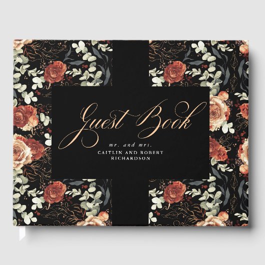 Terracotta Boho Bloemen Zwart Bruiloft Gastenboek (Voorkant)
