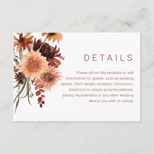 Terracotta Boho bruiloft: bruiloft details Informatiekaartje (Voorkant)