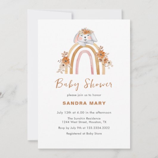 Terracotta Boho Bunny Regenboog Bloemen Baby showe Kaart (Voorkant)