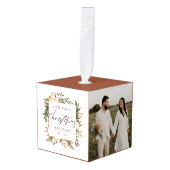 Terracotta Boho Floral Eerste Kerstmis Pas getrouw Kubus Ornament (Voorkant hoekig)