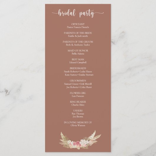 Terracotta Boho Floral Wreath Wedding Flat Program Programma (Achterkant)
