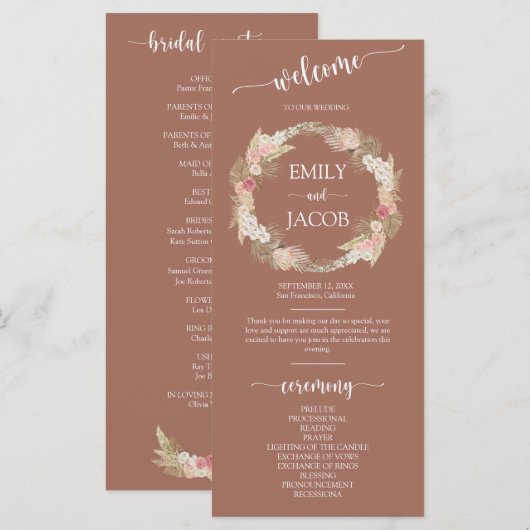 Terracotta Boho Floral Wreath Wedding Flat Program Programma (Voorkant / Achterkant)