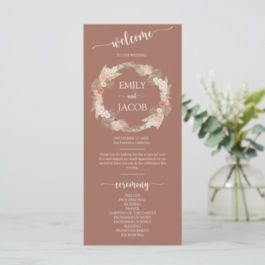 Terracotta Boho Floral Wreath Wedding Flat Program Programma (Staand voorkant)