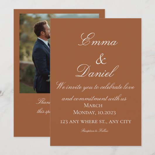 Terracotta Boho Minimal Photo Wedding Invitation (Devant / Derrière)