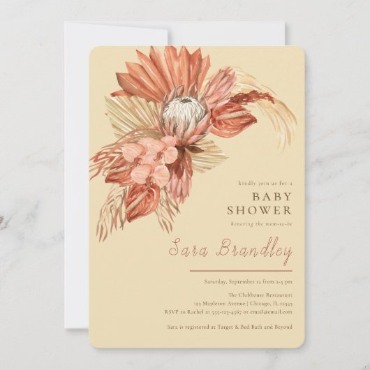 Terracotta boho pampas grass proteas-Baby shower Kaart (Voorkant)