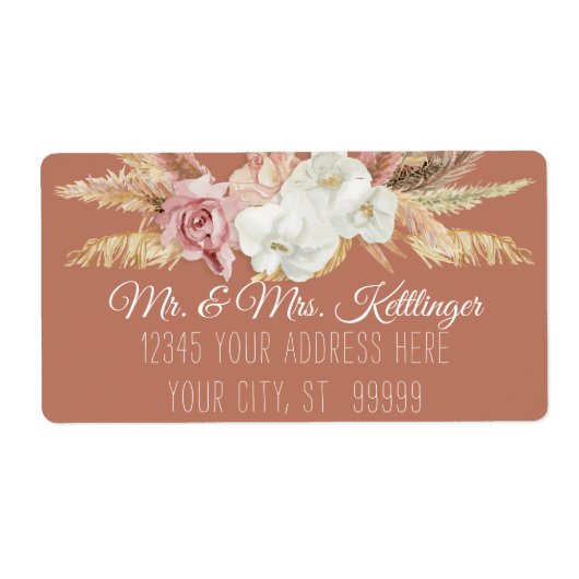 Terracotta Boho Pampas Palm Blush Floral Greenery Etiket (Voorkant)