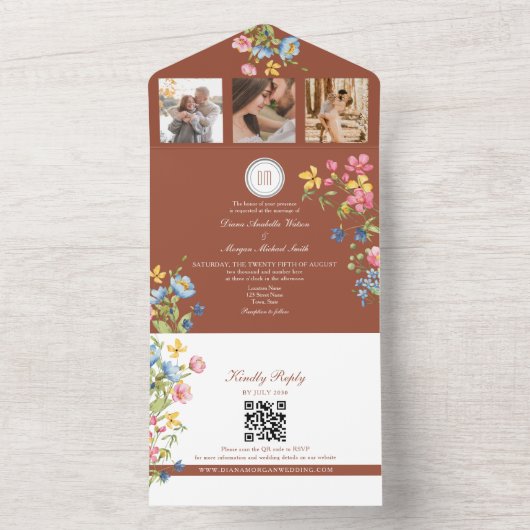 Terracotta Boho Wildflower Wedding All In One Uitnodiging (Binnen)