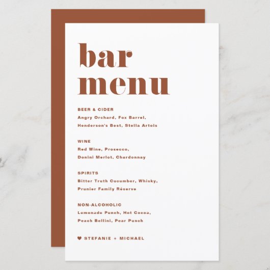 Terracotta Bold Retro Typografie Bruiloft Bar Menu (Voorkant / Achterkant)