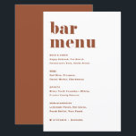 Terracotta Bold Retro Typographie Mariage Bar Menu<br><div class="desc">Ajoutez ce papier à lettres de carte à barres personnalisable à votre paysage de table d'évènement. Ils présentent une typographie rétro audacieuse et une typographie en terre cuite simple. Cette carte de menu du bar en terre cuite est parfaite pour les mariages, les douches nuptiales, les baby showers et bien...</div>