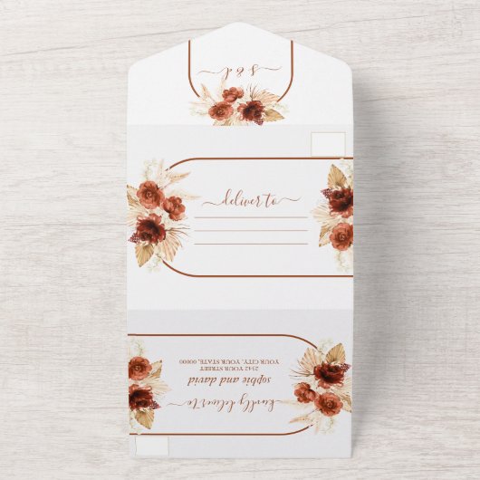 Terracotta boog pampas gras bloemenbruiloft all in one uitnodiging (Buitenkant)