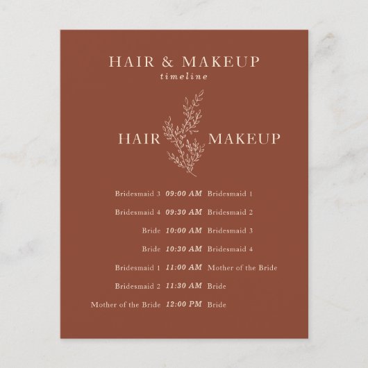Terracotta Botanical Wedding Day Hair Makeup Time Flyer (Voorkant)