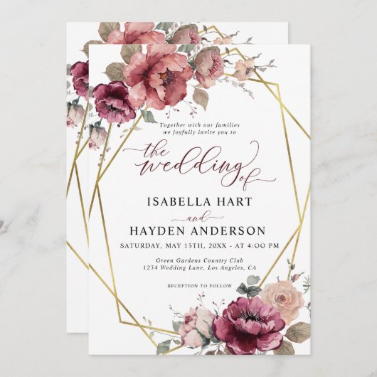 Terracotta Bourgogne Bloemen Goud Boho Herfst Brui Kaart (Voorkant / Achterkant)