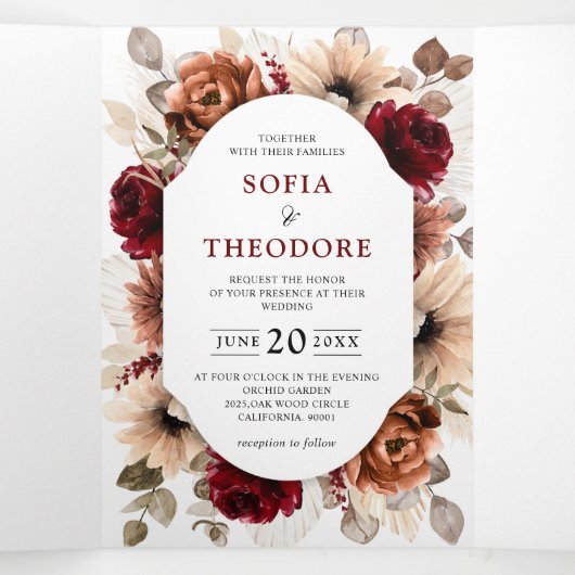 Terracotta Bourgondië Mauve Bloemige Geometrische Drieluik Aankondiging (Binnenkant midden)