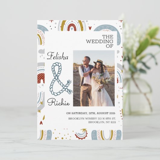 Terracotta Bright Boho Rainbows Bruiloft Save The Date (Staand voorkant)