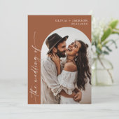 Terracotta bruiloft uitnodiging | Boho foto bruilo (Staand voorkant)