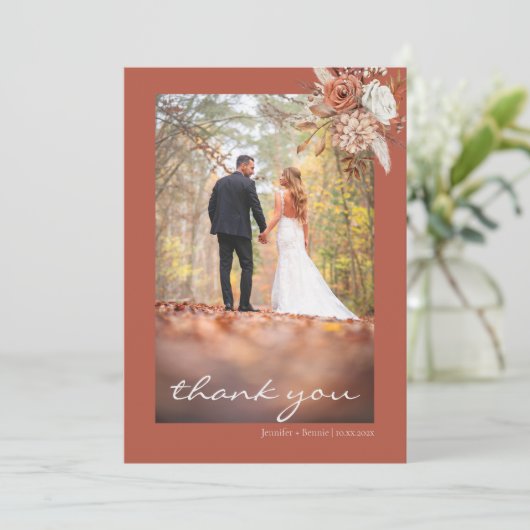 Terracotta Bruin Boheem Bloem Boerenbruiloft Bedankkaart (Staand voorkant)