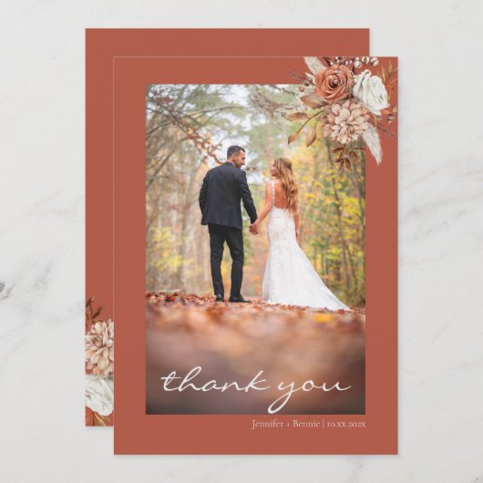 Terracotta Bruin Boheem Bloem Boerenbruiloft Bedankkaart (Voorkant / Achterkant)