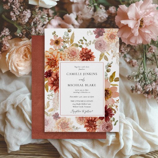 Terracotta Burgundy Fall Floral Wedding Invitation