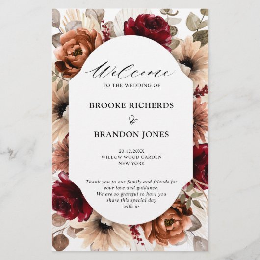 Terracotta Burgundy Mauve Floral Wedding Programme (Devant)