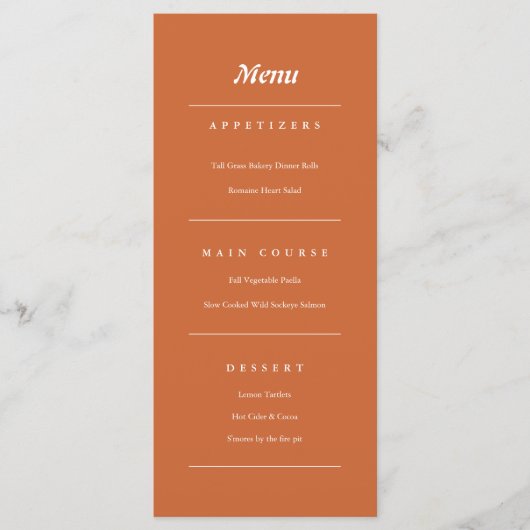 Terracotta Burnt Oranje Modern Fall Wedding Menu (Voorkant)