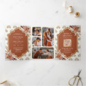 Terracotta Burnt Sinaasappel Bloemen Indische brui Drieluik Uitnodiging (Binnen)