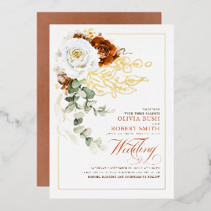 Terracotta Burnt Sinaasappel & White Floral Weddin Folie Uitnodiging