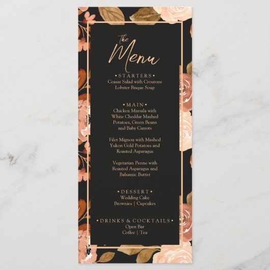 Terracotta Burnt Sinaasappel Zwart Boho Bruiloft Menu (Voorkant)